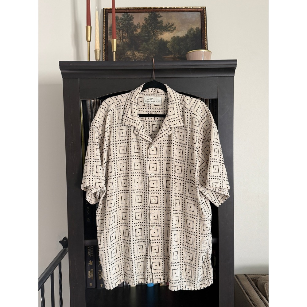 Abercrombie & Fitch Summer Linen Blend Shirt XXL Cream Embroidered Camp Collar
